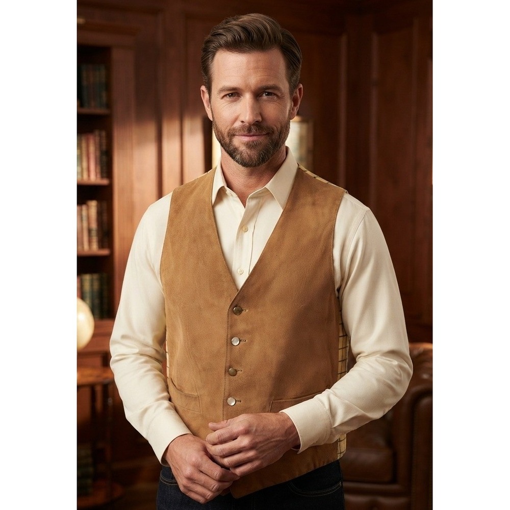 Vintage McGregor Suede Leather Plaid Back Waistcoat Vest Men's 38 Brown USA 50s